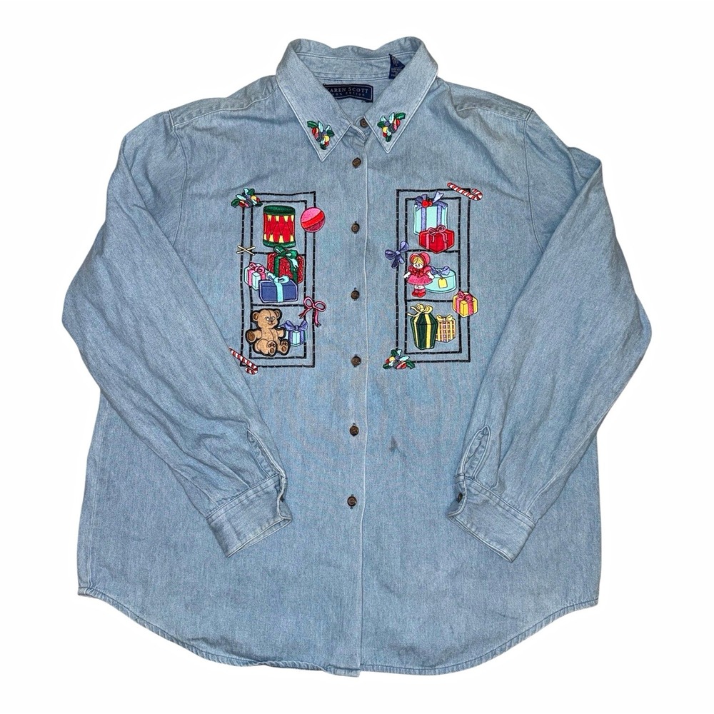 Karen Scott Women's XL Denim Cotton Embroidered Teddy Bear Christmas Shirt Y2K
